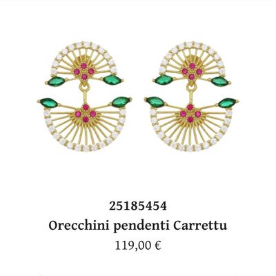 Orecchini pendenti Carrettu  in argento bagnato oro e zirconi colorati-Cuori Milano