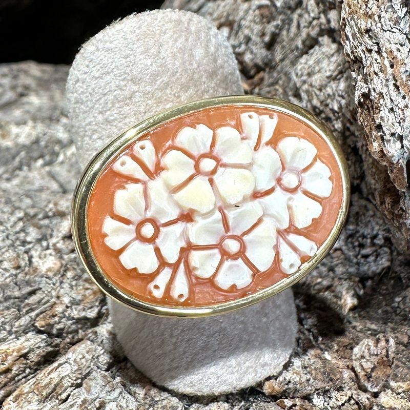 Anello regolabile con cammeo fiori in argento placcato oro-Cammeo Italiano