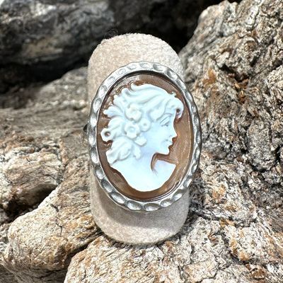 Anello cammeo con testa di donna in argento regolabile-Cammeo Italiano