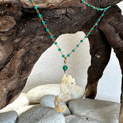 Collana lunga rosario verde cavalluccio marino ottone-Barbara Burgio Collana lunga rosario verde cavalluccio marino ottone-Barbara Burgio