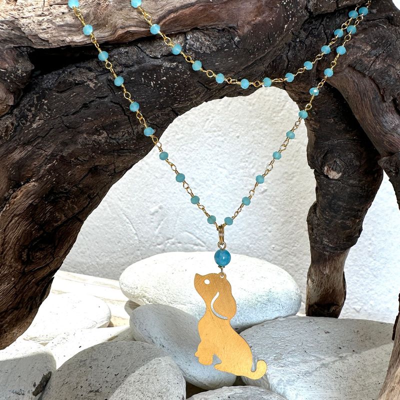 Collana lunga a rosario perline azzurre e cane in ottone-Barbara Burgio