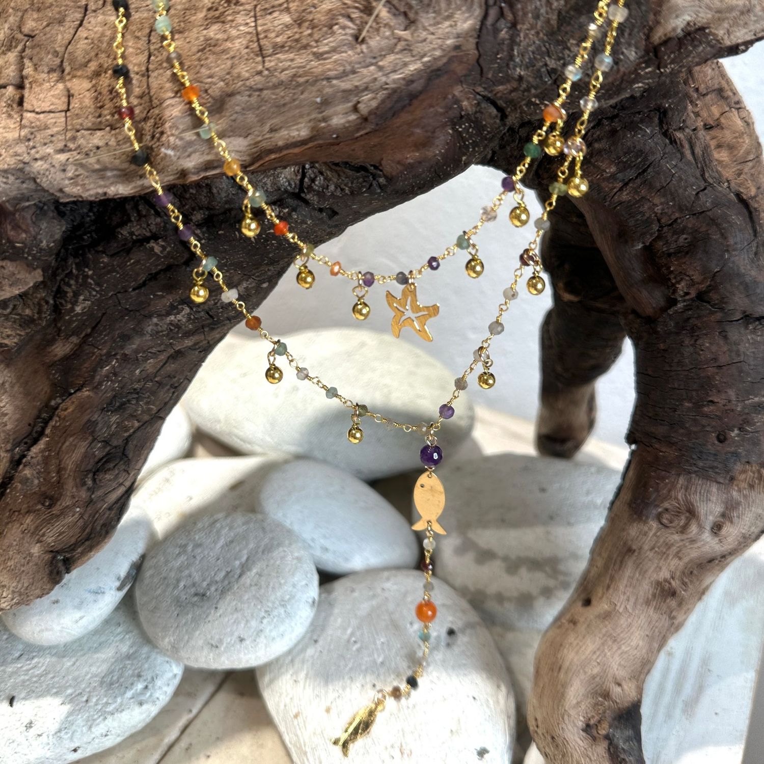 Collana doppia con pietre colorate e stella marina e pesce in ottone-Barbara Burgio