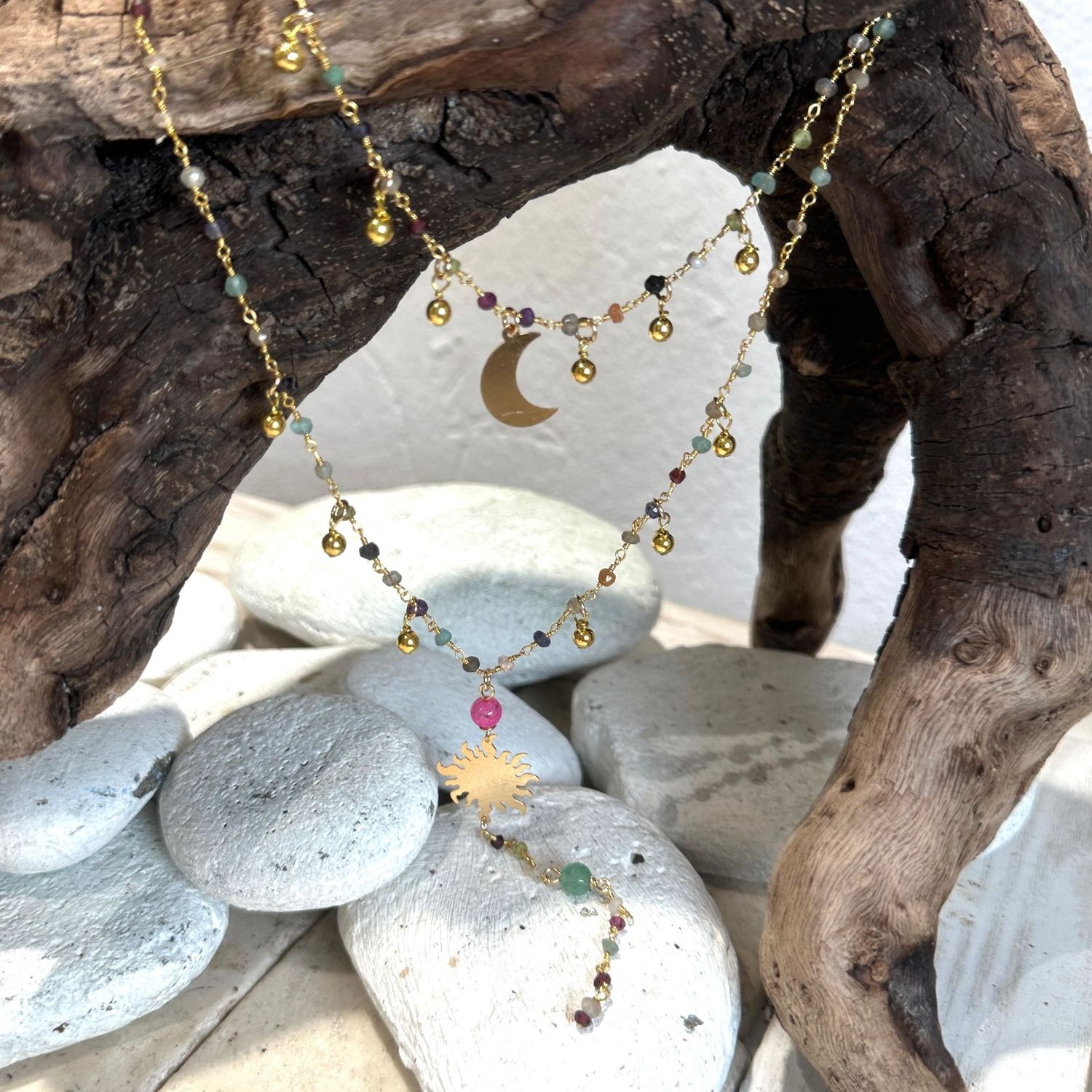 Collana doppia a rosario con pietre vrie e sole e luna in ottone-Barbara Burgio