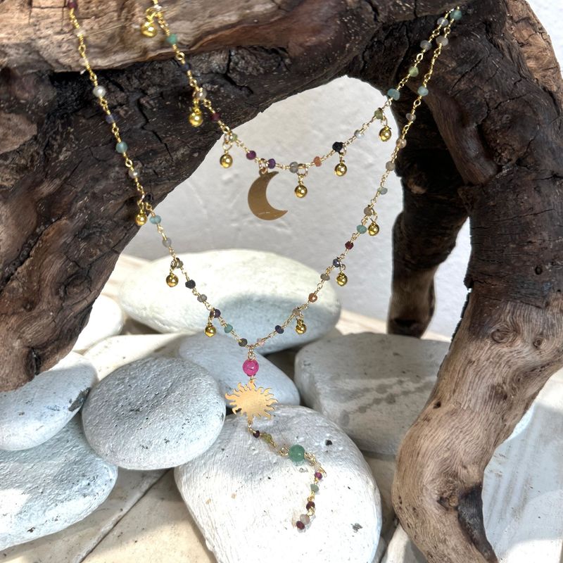 Collana doppia a rosario con pietre vrie e sole e luna in ottone-Barbara Burgio