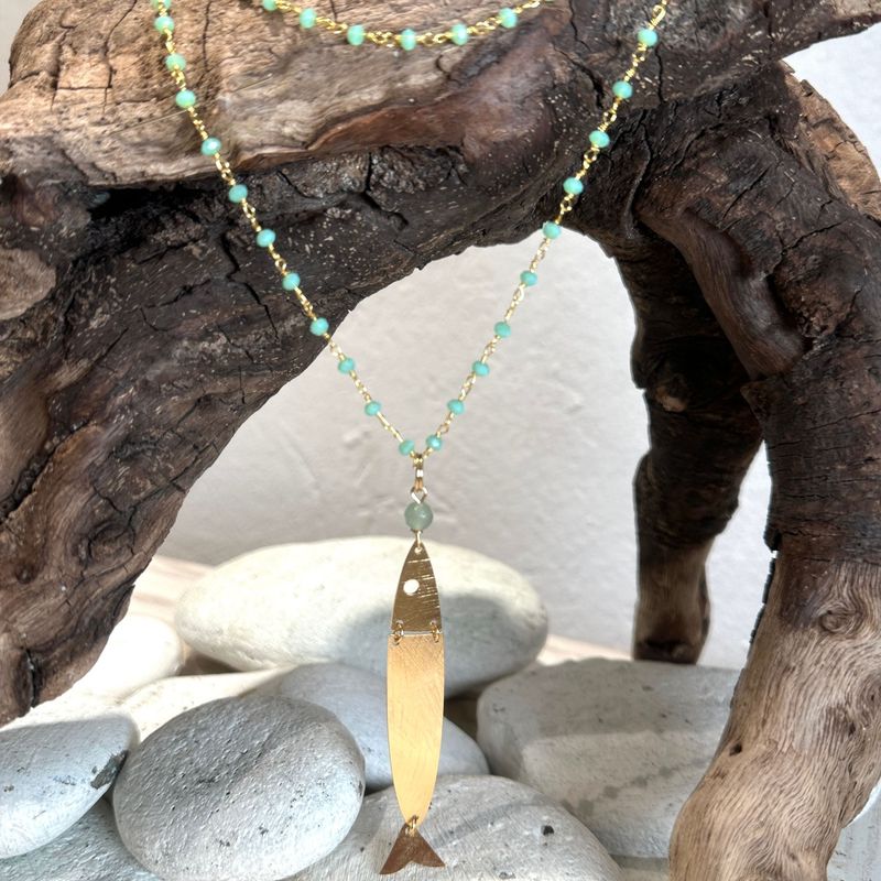 Collana lunga rosario verde acqua e acciuga ottone-Barbara Burgio