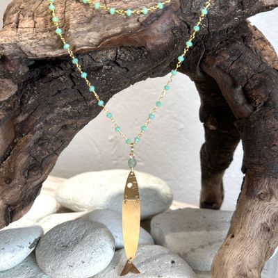 Collana lunga rosario verde acqua e acciuga ottone-Barbara Burgio