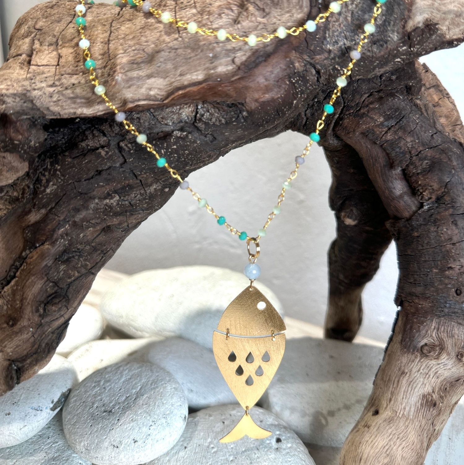 Collana lunga rosario verde pesce in ottone-Barbara Burgio