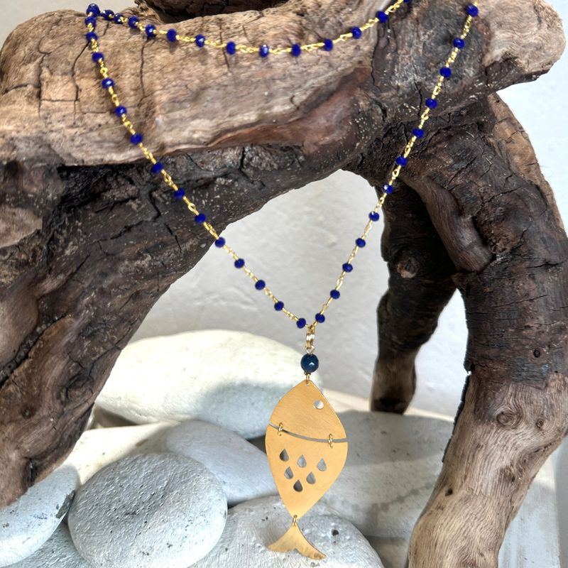 Collana lunga rosario blu con pesce ottone