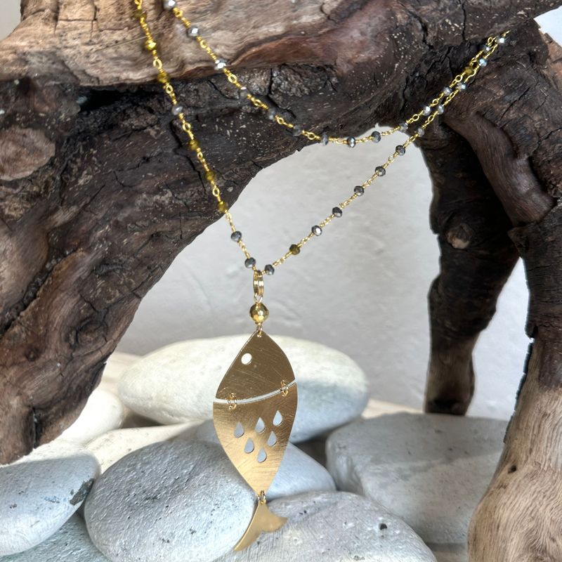 Collana rosario dorato e argentato con pesce in ottone-Barbara Burgio