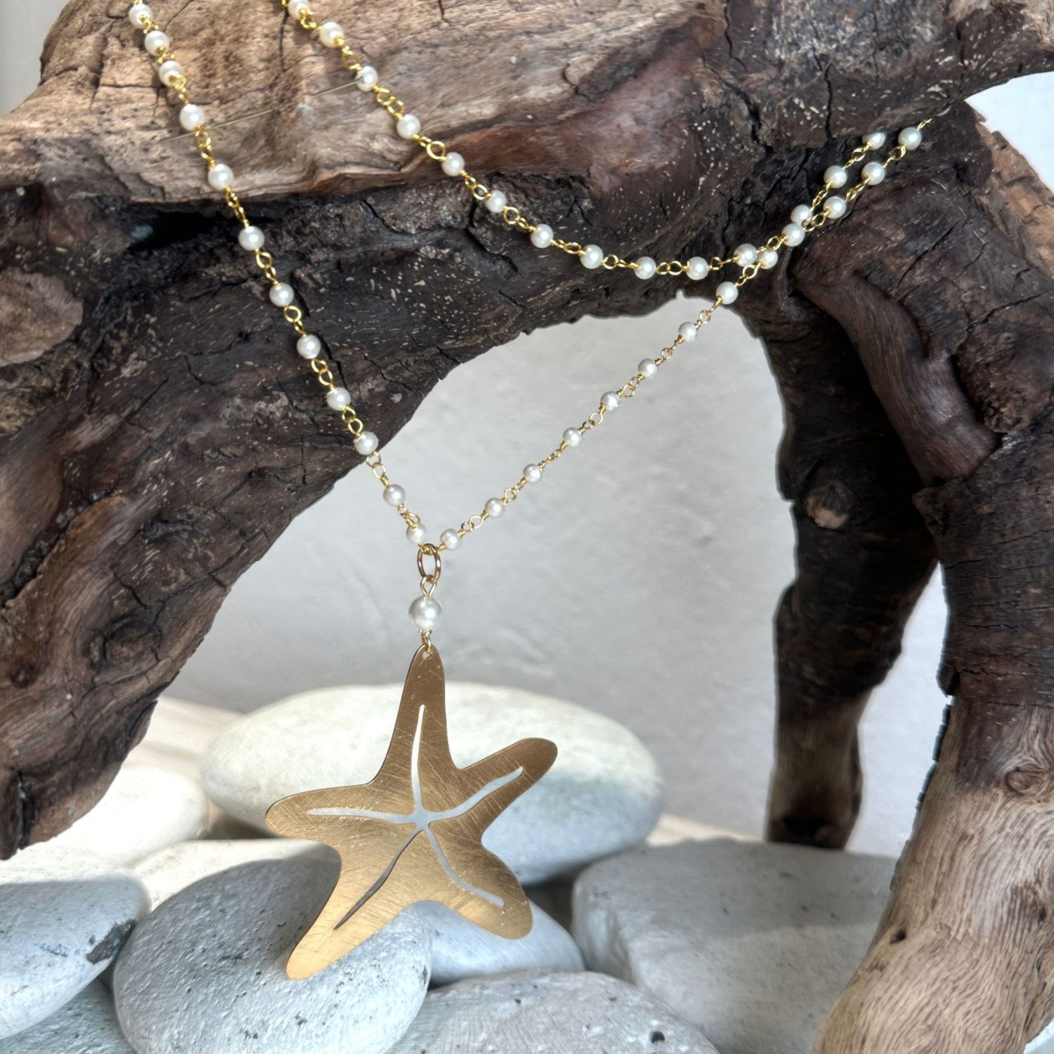 Collana lunga rosario perline con stella marina ottone-Barbara Burgio