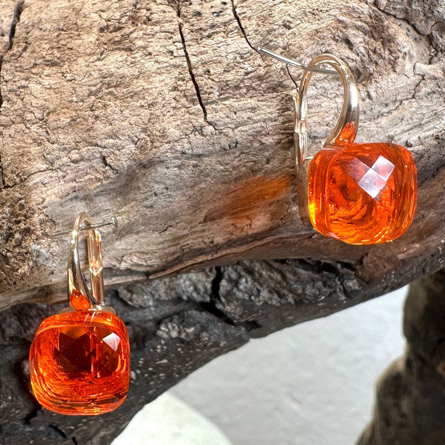 Orecchini monachella in argento rosa con quarzo idrotermale arancione-Lucos Preziosi