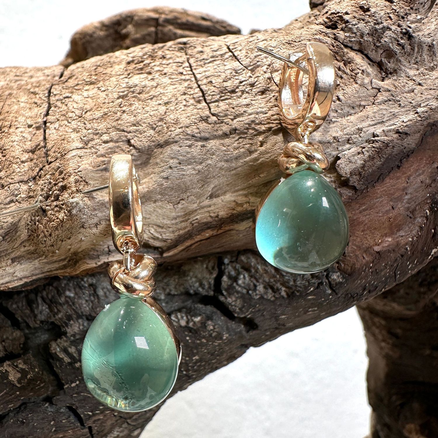 Orecchini in argento rosa con quarzo idrotermale a goccia cabochon verde acqua-Lucos Preziosi