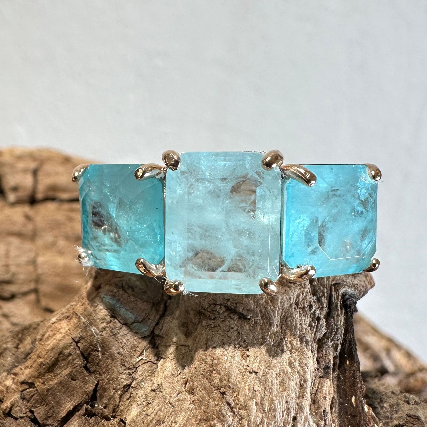 Anello trilogy  in argento rosa con quarzi azzurri-Lucos Preziosi