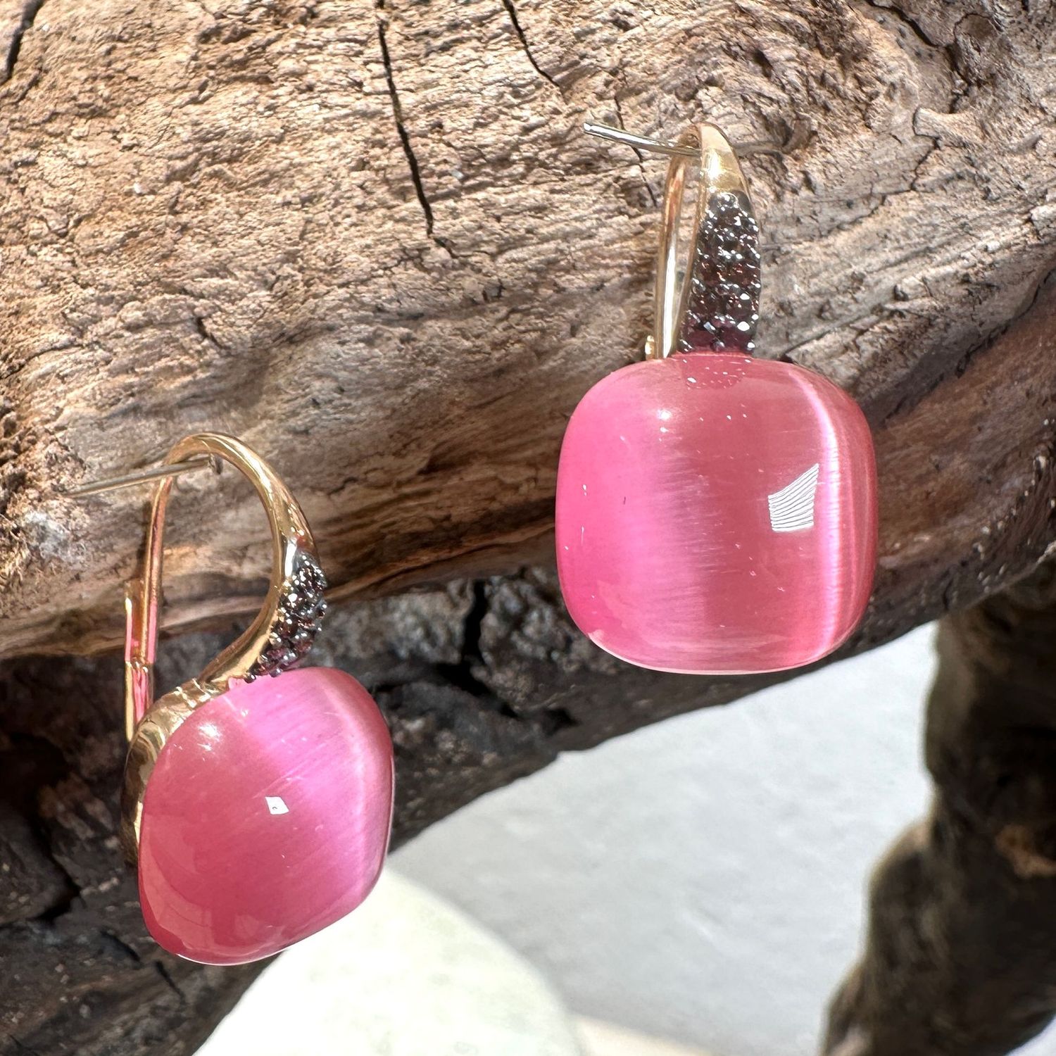 Orecchini monachella in argento rosa con quarzo idrotermale ciliegia e zirconi brown-Lucos Preziosi