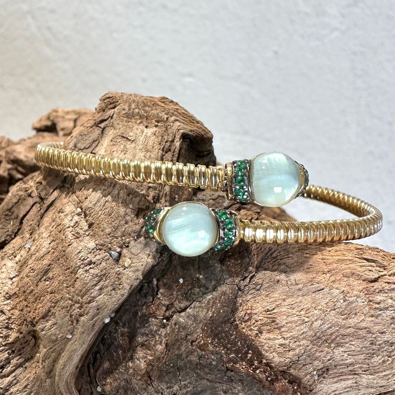 Bracciale contrariè tubogas in argento placcato oro e quarzi verde acqua-Lucos Preziosi