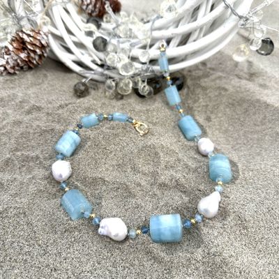 Collana in acqua marina nigeriana e perle barocche-Carola