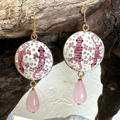 Orecchini in legno con quarzo rosa e gechi in strass-Carola Orecchini in legno con quarzo rosa e gechi in strass-Carola