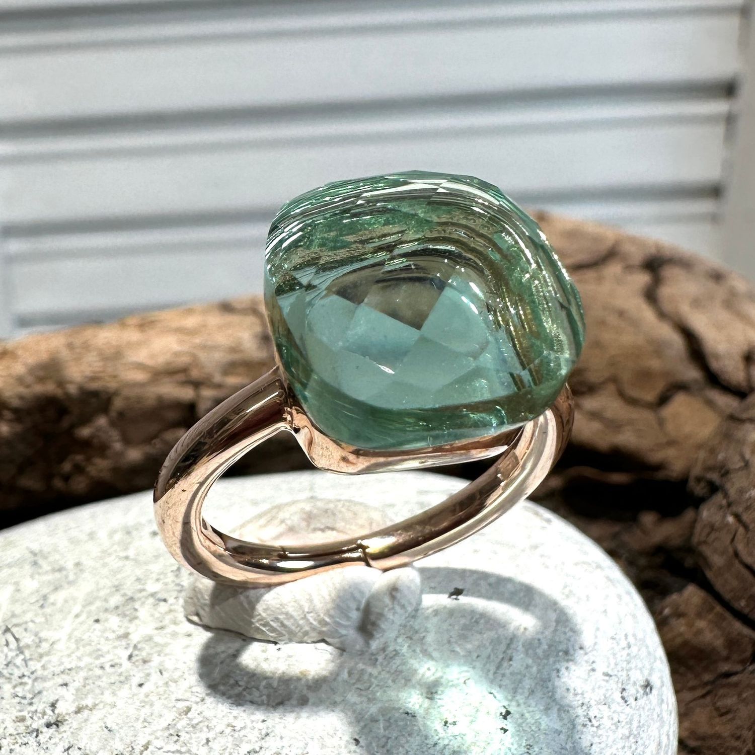 Anello in argento rosa con quarzo idrotermale verde acqua-Lucos Preziosi