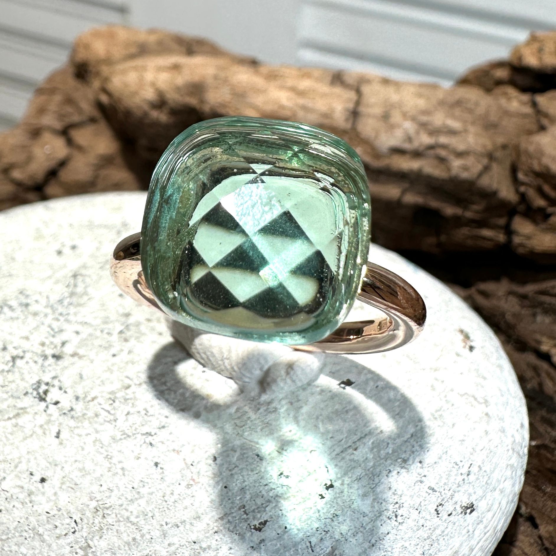 Anello in argento rosa con quarzo idrotermale verde acqua-Lucos Preziosi