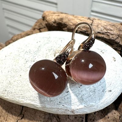 Orecchini monachella in argento rosa con quarzo idrotermale cabochon marrone-Lucos Preziosi Orecchini monachella in argento rosa con quarzo idrotermale cabochon marrone-Lucos Preziosi