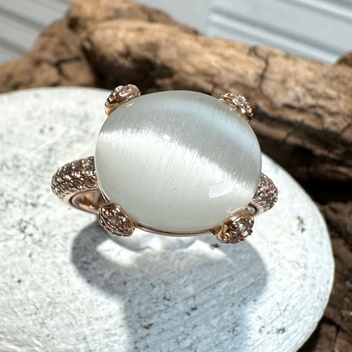 Anello in argento rosa con quarzo idrotermale crystal e zirconi-Lucos Preziosi