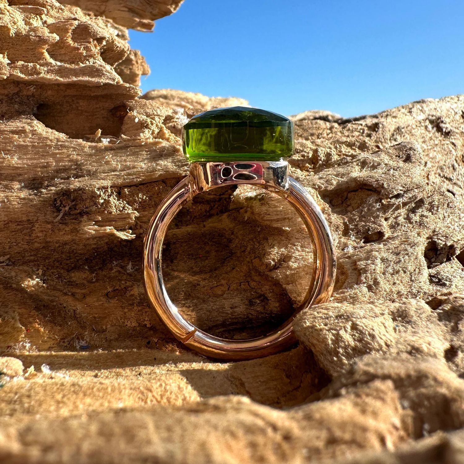 Anello in argento rosa e quarzo idrotermale verde oliva-Lucos Preziosi
