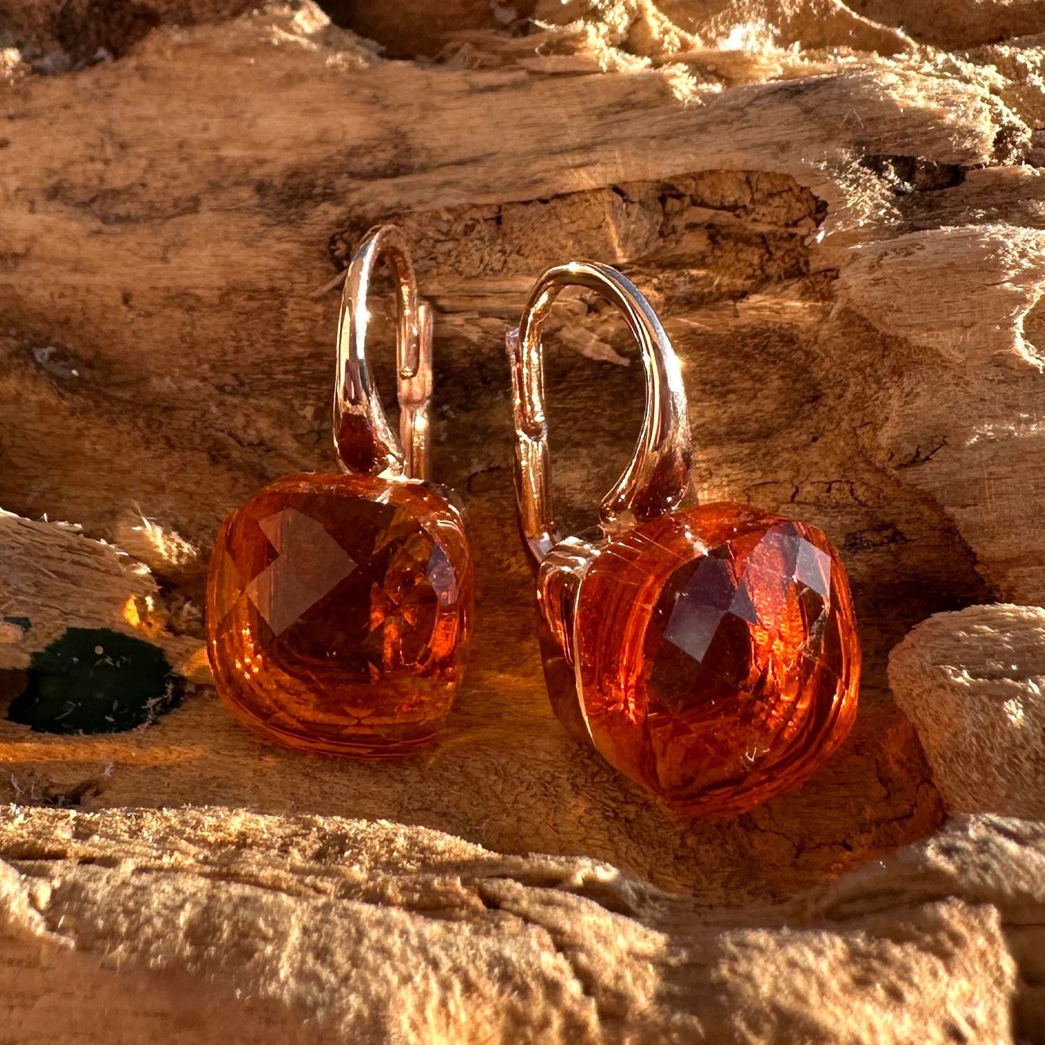 Orecchini monachella in argento rosa con quarzo idrotermale arancione-Lucos Preziosi