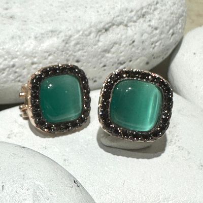 Orecchini bottone foro clip con quarzo idrotermale verde e zirconi brown