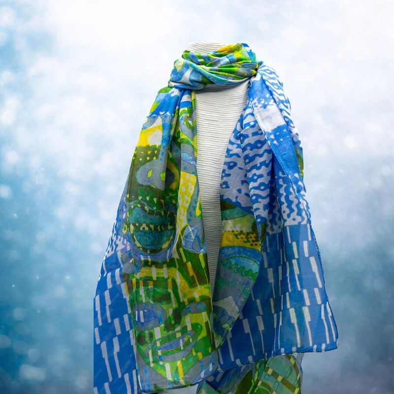 奧特唯 藍黄不規則設計絲巾