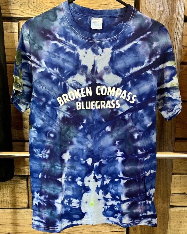 Broken Compass Bluegrass band-made tie-dye shirts with vinyl logos. No two shirts are the same...