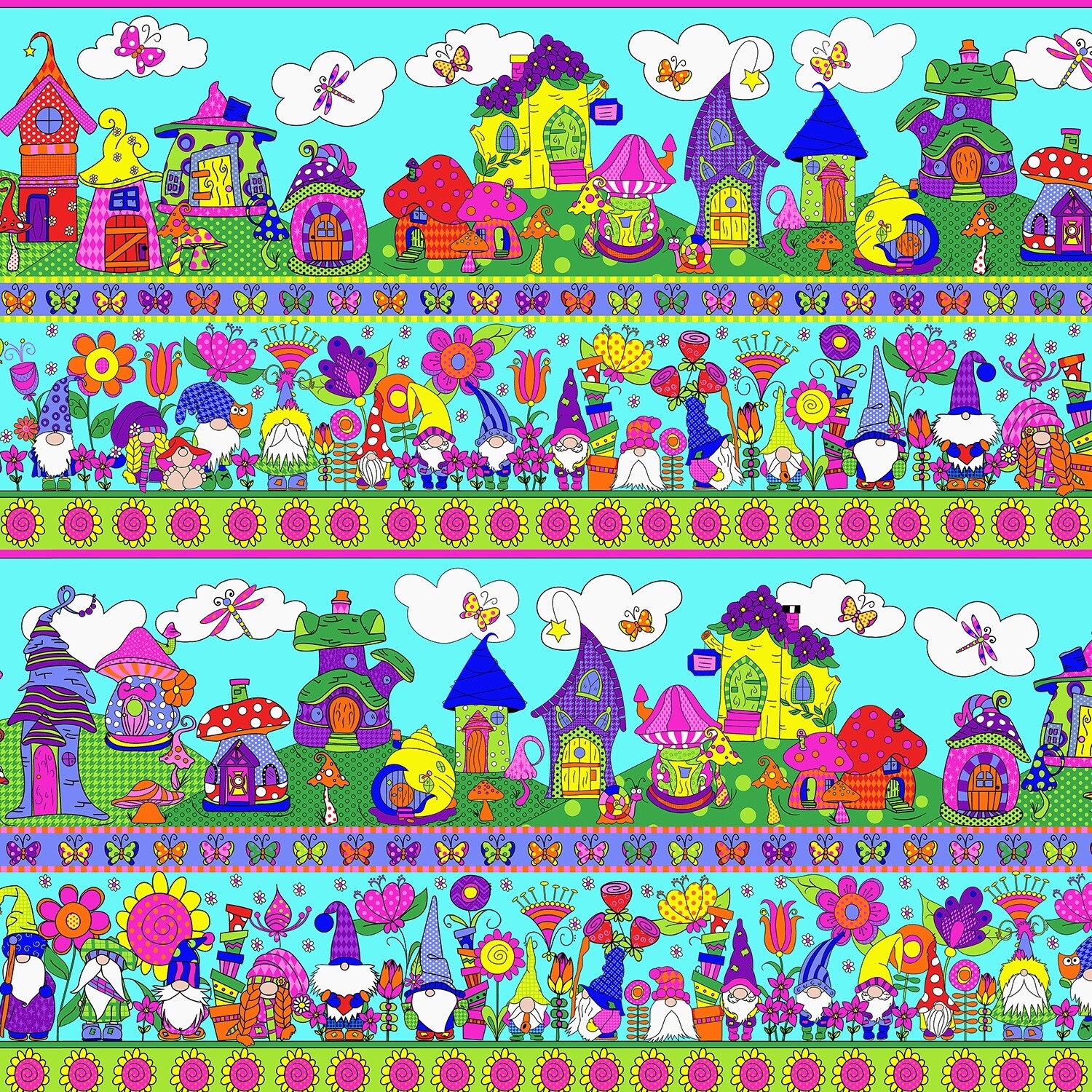Garden Gnomes - Border Print Blue-Teal