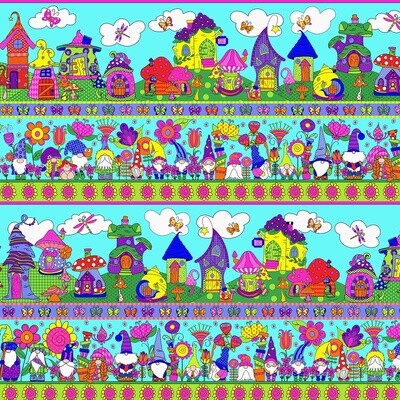 Garden Gnomes - Border Print Blue-Teal