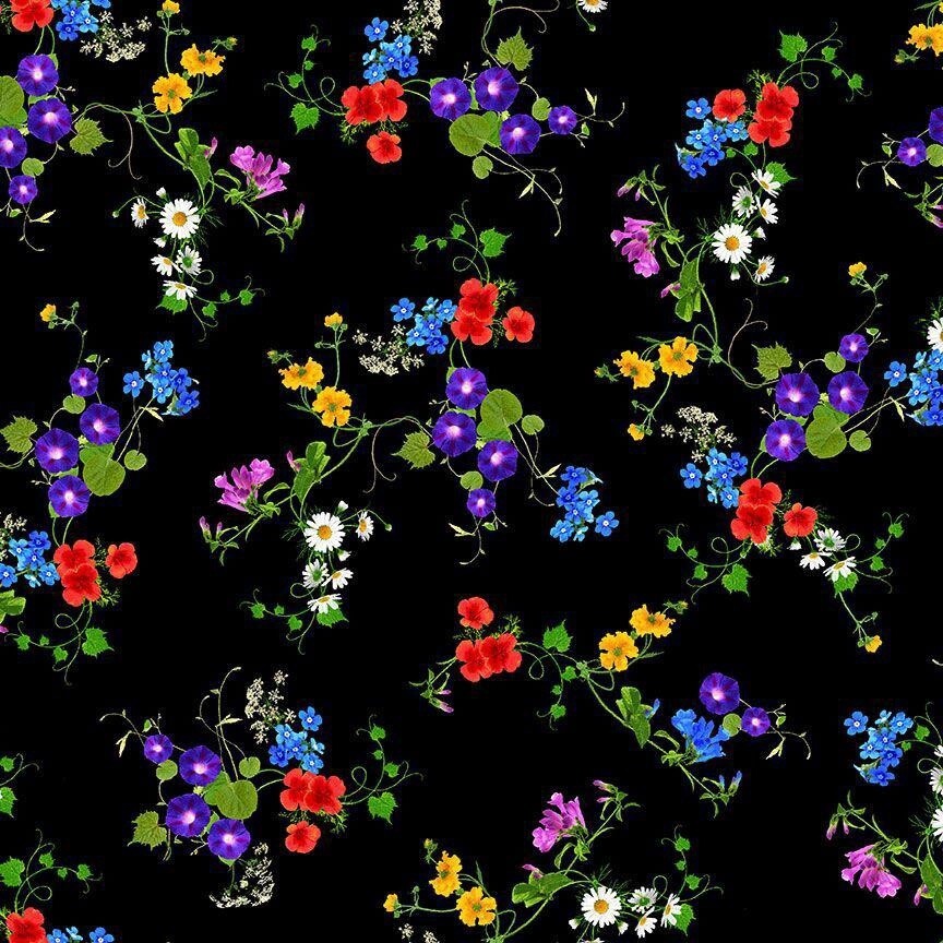 Floral Forest - Small Colourful Flowers - Black