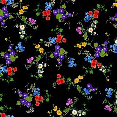 Floral Forest - Small Colourful Flowers - Black