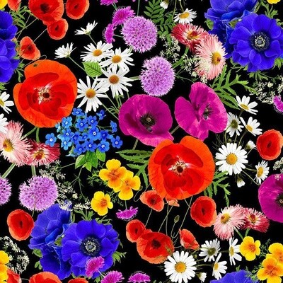 Floral Forest - Large Colourful Bright Flowers - Black