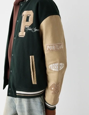 Felt texture varsity jacket with leather effect sleeves