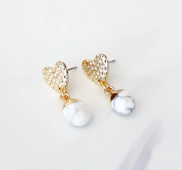 Orli Mottled Heart Stud Earrings with Howlite Stones, Yellow Gold Orli Mottled Heart Stud Earrings with Howlite Stones, Yellow Gold