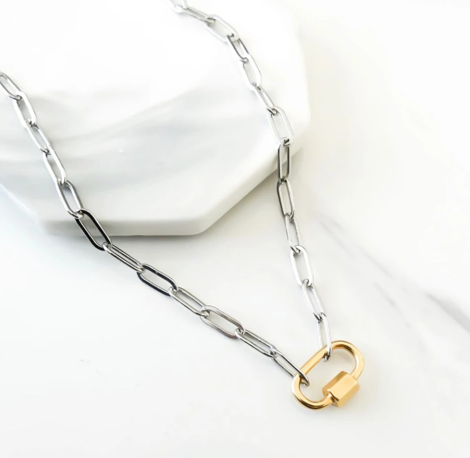 Orli Paperclip Chain Necklace with Oval Lock, Silver and Gold