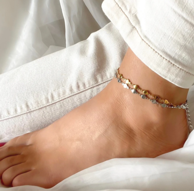 Orli Double Connecting Discs Anklet, Silver and Gold