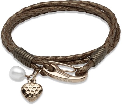 Unique & Co Bronze Leather Bracelet With A Rose Heart And Pearl