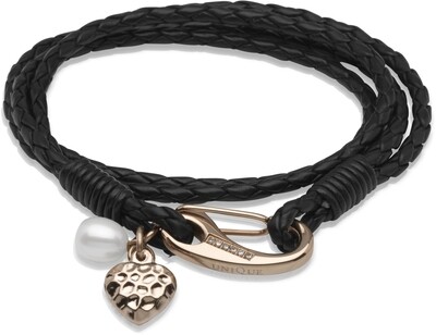 Unique & Co Black Leather Bracelet With A Rose Heart And Pearl
