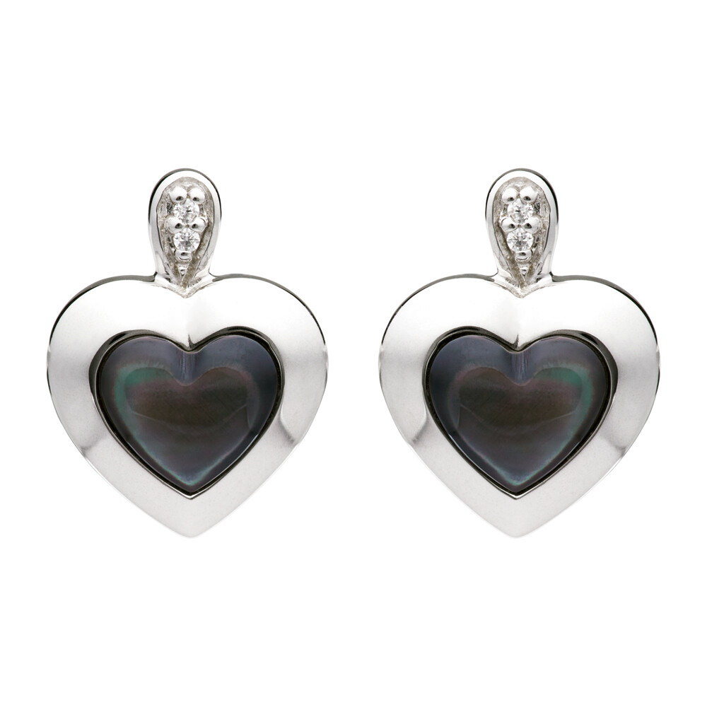 Unique & Co Sterling Silver Heart Earrings With Black Mother Of Pearl And Cz