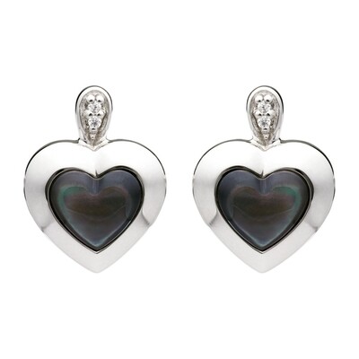 Unique & Co Sterling Silver Heart Earrings With Black Mother Of Pearl And Cz