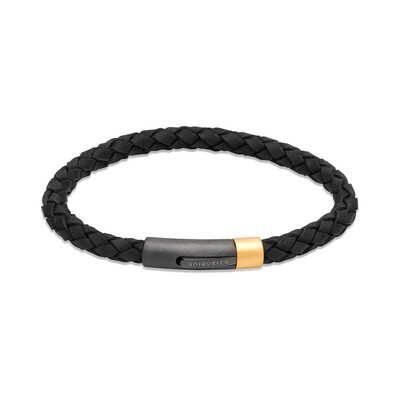 Unique & Co Mens Black Leather Pleated Bracelet 21cms