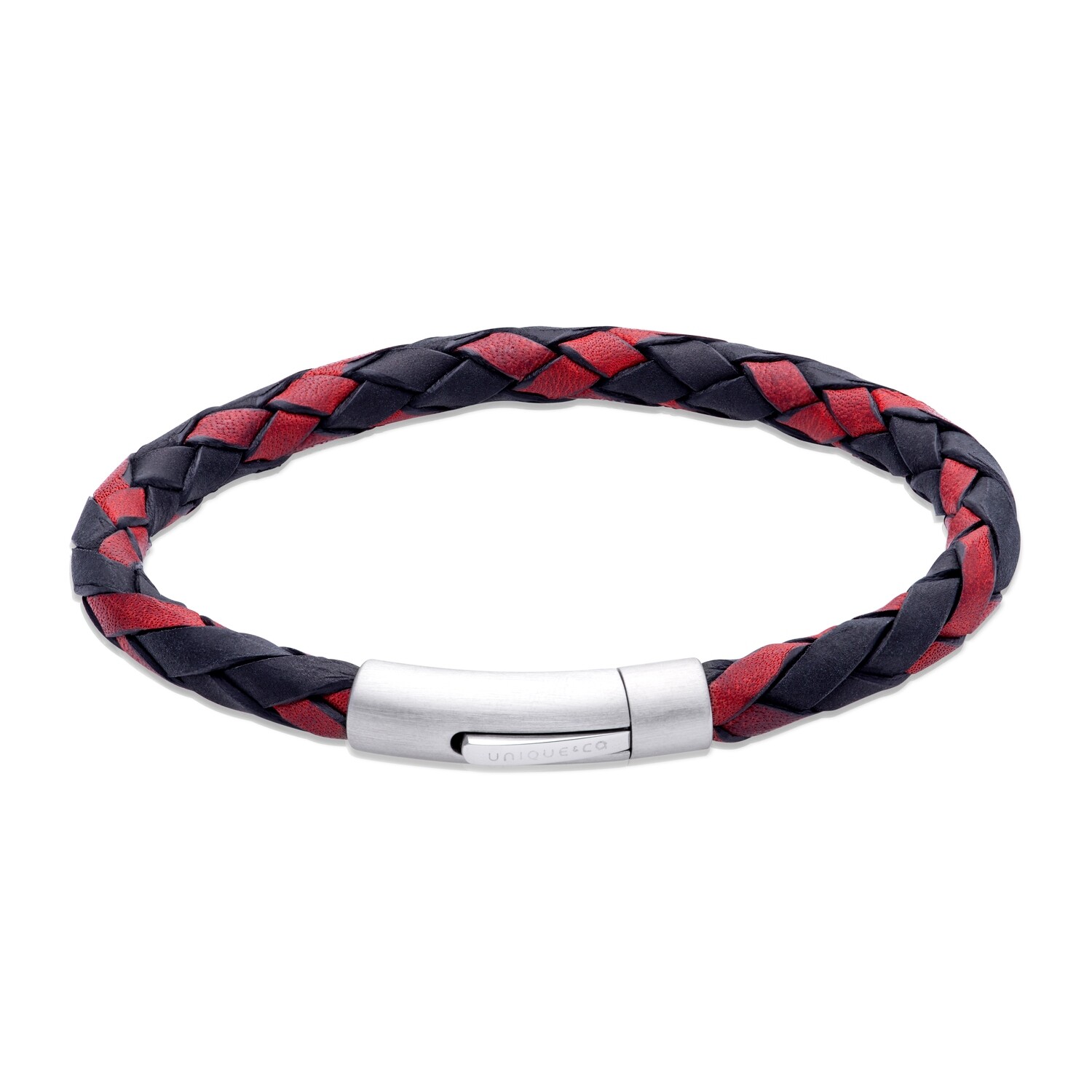 Unique & Co Mens Twisted Leather Bracelet Black/Red 21cms