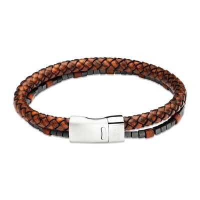 Unique & Co Mens Antique Brown Leather/Beads Double Bracelet 23cms