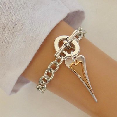 Orli Chunky Pointed Heart and Mini Heart Bracelet Silver and Gold