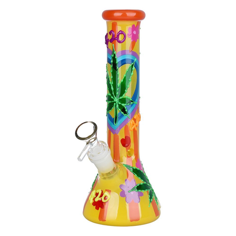420 Hemp Leaf Glow In The Dark Beaker Glass Water Pipe