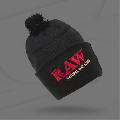 RAW Beanie Hat with Pom Pom - Black