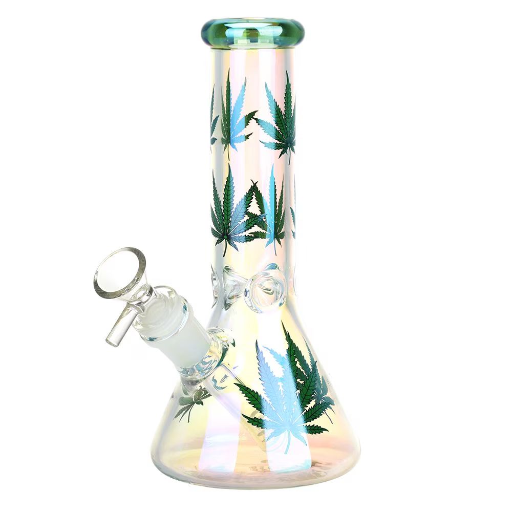 Realistic Hemp Leaf Glass Beaker Water Pipe 7.75&quot; 14mm F